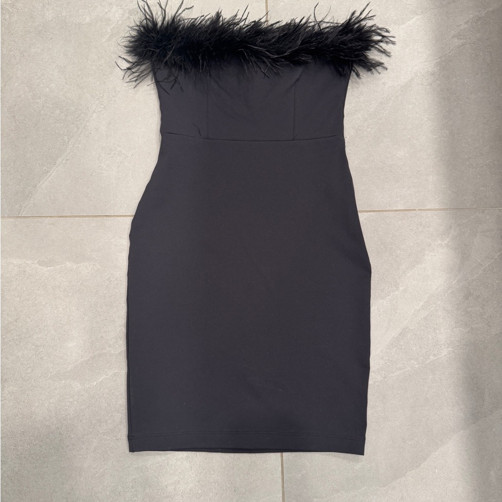 Strapless Black Feather Trim Dress